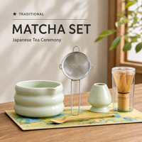 Ensemble de thé matcha japonais en gros : bol en céramique, fouet en bambou, tamis, cuillère, boîte cadeau personnalisable avec logo pour cérémonie du thé, commande en gros