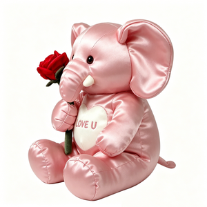 Elefante de Peluche Personalizado en Satén Rosa Brillante y Sedoso, con Rosa Roja, Corazón Blanco Bordado con la Frase LOVE U, Elefante Sentado de Peluche - Product Image 1