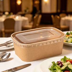 Durable <b>Disposable</b> Eco Friendly Kraft Paper Rectangular Salad <b>Bowl</b> Lid Custom Printing OEM Service Microwavable Biodegradable - Product Image 4