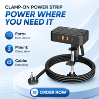 LEGA Cube8 Stop Kontak Meja dengan Penjepit 4 AC 4 Port USB (2-C) Kabel 10 Kaki Cocok untuk Tepi Meja 2.75" Rumah Kantor Hitam 15A ABS/Plastik