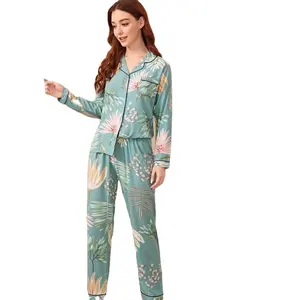 OEM Custom Bamboo Viscose High Quality Casual Fashion Floral Print Long Pajama 2 Piece Set Sleepwear