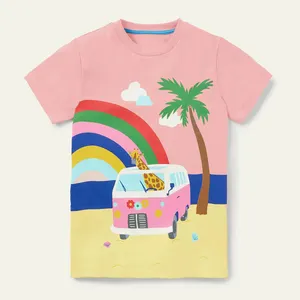 Guangzhou brand high end t shirt girls lovely carton custom printing short sleeve pink color kids t-shirt