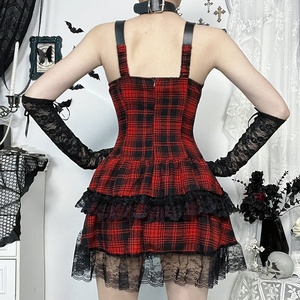 Vestido corto gótico a cuadros para mujer con ribete de encaje, vestido de fiesta con estética punk rock para Halloween - Product Image 4
