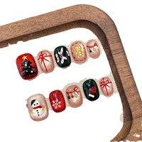 Faux ongles faits main à presser, motif ciel étoilé, clochette de Noël et nœud, 5 cm, longueur moyenne
