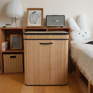 <span class=keywords><strong>Panier</strong></span> à <span class=keywords><strong>linge</strong></span> pliable en bambou avec <span class=keywords><strong>deux</strong></span> <span class=keywords><strong>compartiments</strong></span>, grande capacité, bac de rangement pour vêtements sales, organisation domestique avec couvercle - Product Image 4