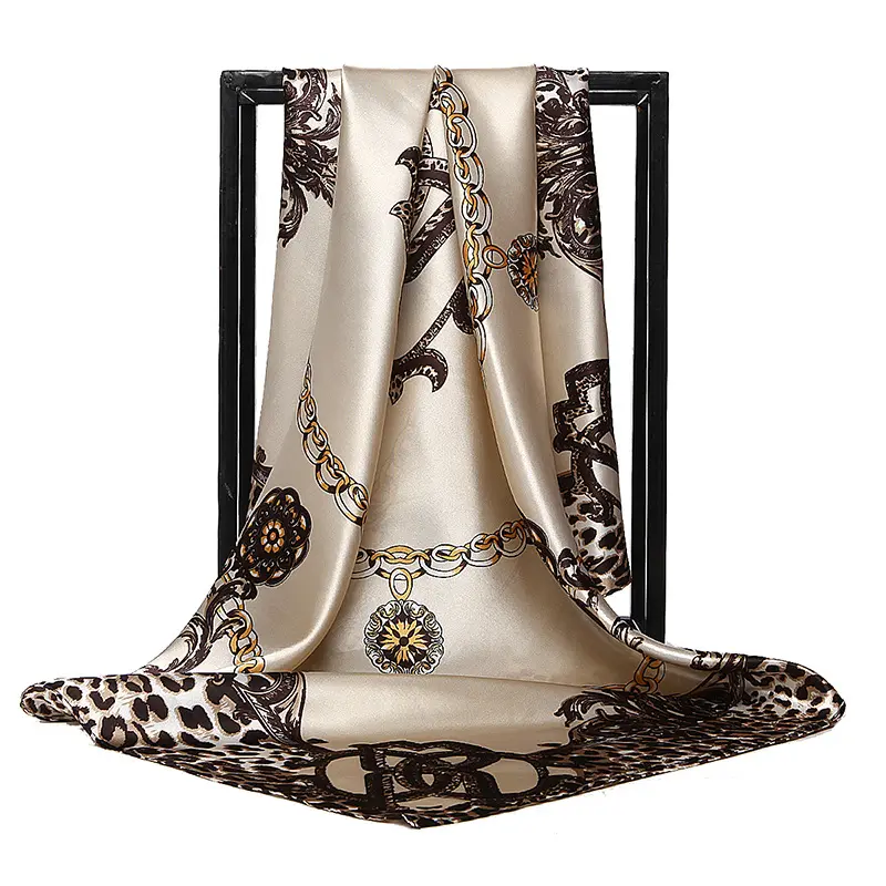 Leopard chain Printed Silk Satin Scarf Women Luxury Brand Design Square Shawl Malaysia Head Hijab