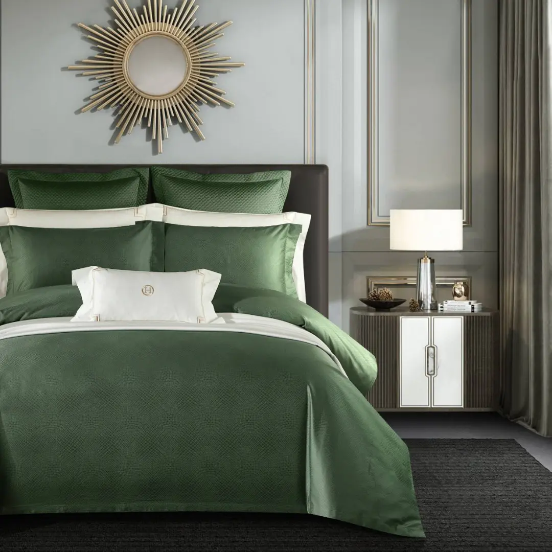 Großhandel grün einfache klassische Satin Jacquard Bett bezug ägyptische Baumwolle Bettdecke 4-teiliges Bettwäsche-Set