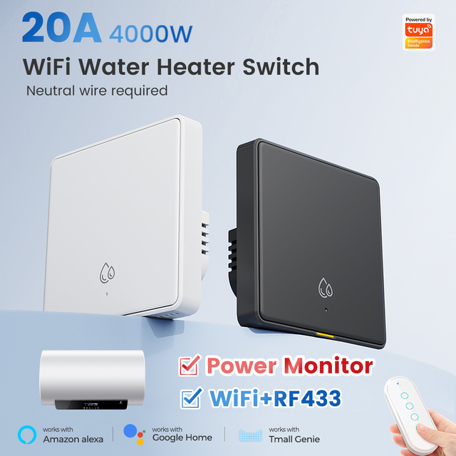 20A WiFi RF433 Smart Air Conditioner/Water Heater Switch 4000W with Doodle Smart Timer APP Voice Control Alexa Google Home