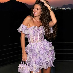 Elegante Vestido de Noche sin Tirantes con Hombros Descubiertos, Estampado Floral, Capa Transparente y Cintura Imperio para Mujer - Product Image 1