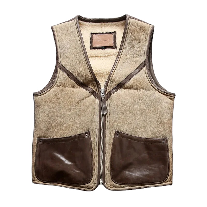 Custom Winter Australian Sheep Fur waistcoat Men's V-neck Slim Short Winter Warm Sheep Skin Vests Sleeveless real leather jacket