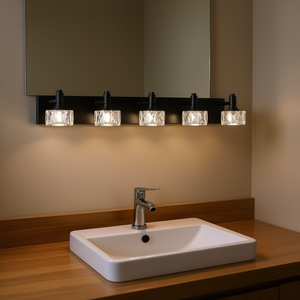 Modern 5-<b>Light</b> LED Vanity <b>Light</b> Matte Black <b>Crystal</b> Glass <b>Shades</b> Wall Mounted Bathroom Mirror Lamp - Product Image 2
