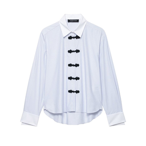 Chemisier boutonné personnalisé 2026 pour femme, à rayures contrastées, avec boutons grenouille traditionnels chinois, en mélange de coton – Fabrication usine - Product Image 1