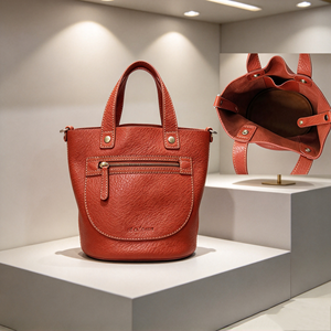 Grain Leather Bucket Handbag For <b>Women</b> <b>Top</b> Handle Tote Bag With Detachable Crossbody Strap - Product Image 2