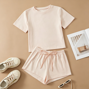 Conjunto de Pijama Minimalista de Verano para <span class=keywords><strong>Mujer</strong></span>, Tejido Transpirable, Camiseta de Manga Corta y <span class=keywords><strong>Pantalones</strong></span> <span class=keywords><strong>Cortos</strong></span>, Color Sólido, Ropa de Estar en Casa, Conjunto de 2 Piezas - Product Image 1