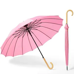 Mango de madera personalizado Semiautomático 16 costillas lluvia paraguas rosa a granel con impresión de logotipo