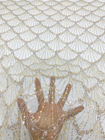 Tissu Dentelle Scintillant Orné de Perles, Tissus Dentelle de Perles Luxueux, Tissu Dentelle Brodé de Paillettes sur Tulle pour Robe de Mariée