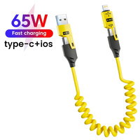 Câble USB à ressort de chargeur rapide 65W 4 en 1 Câble de données à ressort 6A Type C Fil télescopique à ressort pour iPhone pour iPad pour MacBook