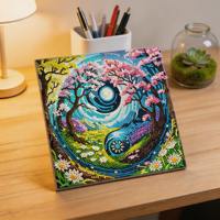 Peinture murale 5D artisanale unique, motif dessin animé, deux arbres roses encadrant un centre tourbillonnant, paysage de jardin, perles, pour anniversaire