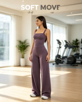 Set Yoga Wanita Custom LOGO Bahan Bernapas Atasan Gym Warna Cokelat Celana Olahraga Pinggang Tinggi Elastis Kaki Lebar Ringan 2 Potong Pakaian Olahraga Wanita