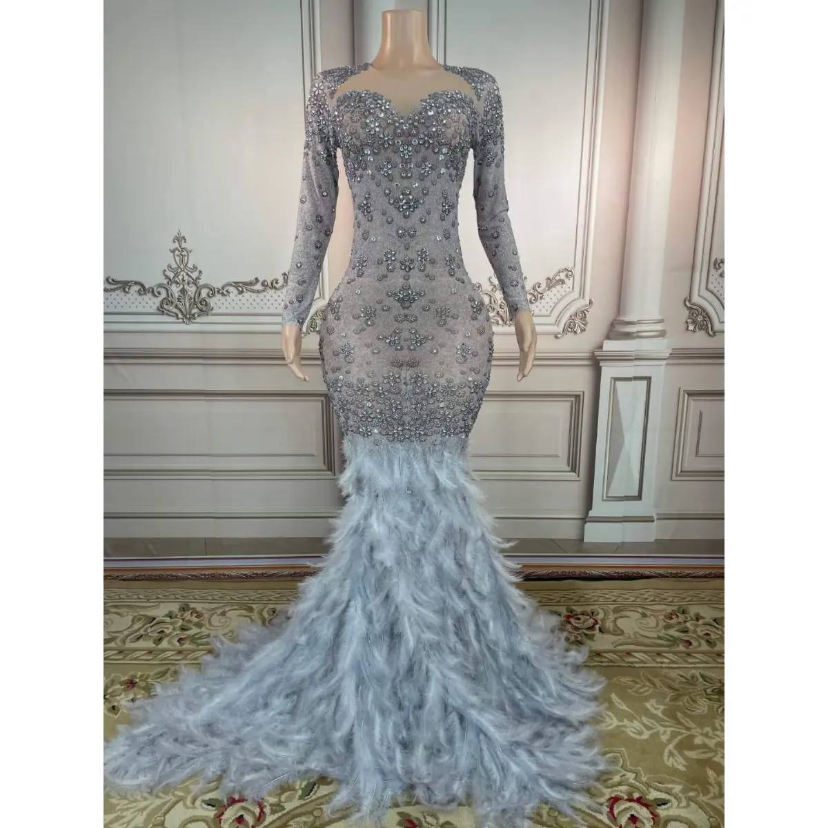 Ladies Long Sleeve Prom Gowns Evening Dresses Party Elegant Diamond Crystal Backless Feather Performance Wear Dress Clothing
