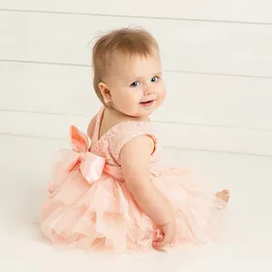 Vestidos de bebé 12 meses niños vestido de tutú de color melocotón para niña con cinturón de manchas
