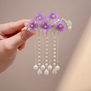 Barrette à <span class=keywords><strong>Cheveux</strong></span> Fleurie de Style Chinois, Épingle Rétro pour Filles <span class=keywords><strong>avec</strong></span> Pompon, <span class=keywords><strong>Pince</strong></span> à <span class=keywords><strong>Cheveux</strong></span> Classique <span class=keywords><strong>Perle</strong></span> Fleurie à Ressort pour Femmes - Product Image 5