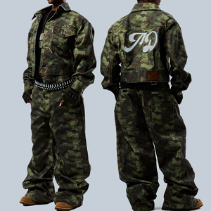 Manufacturer Custom Oversized Heavyweight Denim Jeans <b>Jacket</b> Set Autumn Winter <b>Camo</b> Camouflage Designer Denim Jeans Set Custom - Product Image 1