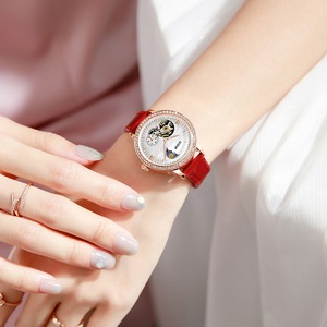 Montre mécanique pour femme, 43 mm, automatique, bracelet en cuir rouge, résistante à l'eau, design tendance - Product Image 3