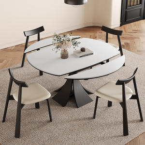 Juego de mesa de comedor redonda extensible con 4 sillas, tablero de madera maciza con superficie de piedra, estilo moderno retro para comedor - Product Image 2