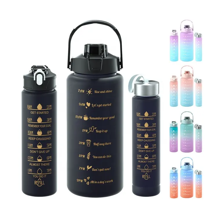 Large Capacity Outdoor Sports Plastic Motivational Water Bottle Jug Gradient Straw Cup 3 Set Pcs with Time Marker