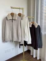 Pull cardigan en cachemire vintage d'automne LP Consaini avec col en fourrure de lapin amovible à capuche, fermeture éclair en laine tricotée