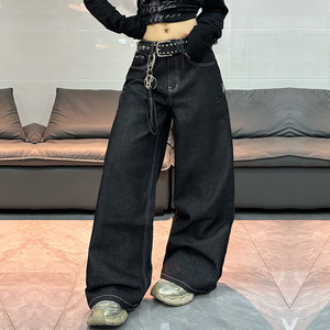 Jeans en denim imprimé pour femmes, coupe ample, motif ailes d'ange, noir, style Y2K, baggy, personnalisé, jambe large, vente en gros - Product Image 3