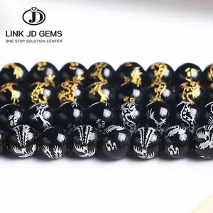 Quality Beads For Making Bracelet 8 10 12 14mm Glass Beads Black Color With Carving Gold Silver Color Dragon Fashion Beads For Jewelry Making Diy Men Bracelets