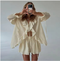 Ensemble chemise et short fleuris pour femme, style français, col en V, volants, à nouer, tenue deux pièces pour les vacances d'été, OEM personnalisé