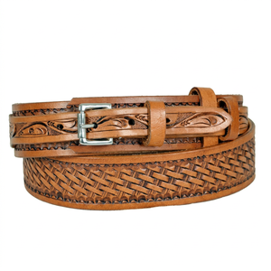 Western Genuine Leather <b>Belt</b> With Geometric Braided Pattern Silver Alloy Pin Buckle <b>Vintage</b> Style - Product Image 1