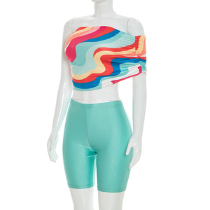 Viviblook J26ST125 Women Summer <b>Set</b> Printed Short Off Shoulder Crop Top Solid Color Tight Shorts Two Piece <b>Set</b> - Product Image 5