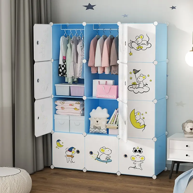 Lemari Pakaian Kamar Tidur Anak, Lemari Kabinet Penyimpanan Baju Bayi Modern Warna Biru dengan Pintu Putih, Pakaian Plastik Portabel untuk Anak