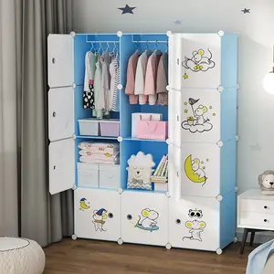 बच्चों के साथ आधुनिक बेडरूम वार्डरोब बच्चे को कपड़े भंडारण कैबिनेट नीले सफेद दरवाजा पोर्टेबल बच्चे प्लास्टिक अलमारी