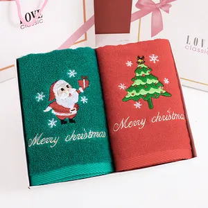 लाल क्रिसमस हाथ तौलिए सेट कस्टम कढ़ाई तौलिए स्नान क्रिसमस के लिए 100 कपास तौलिया उपहार बॉक्स में सेट