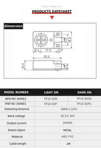 เซ็นเซอร์วัดความใกล้เคียงพลาสติก PNP TP18-5DP 5VDC <span class=keywords><strong>Pi</strong></span> ราคาดีใช้สำหรับเครื่องจักรอัตโนมัติ - Product Image 5