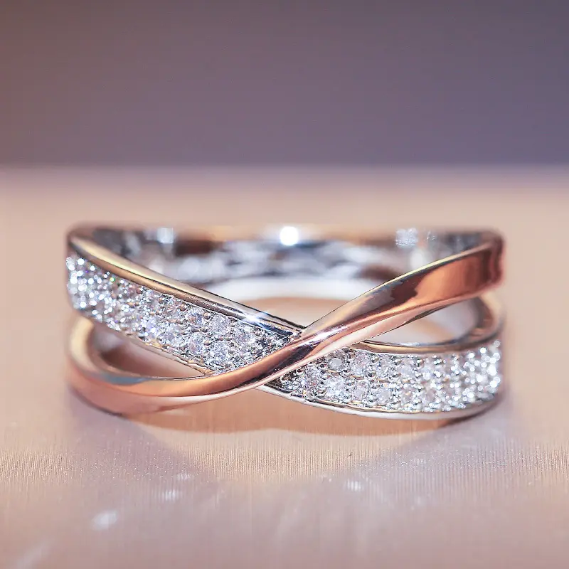Huitan แหวนแต่งงานทันสมัยสำหรับผู้หญิง,แหวนแต่งงานทันสมัยทรงตัว X สองโทนหิน CZ แหวนหมั้น