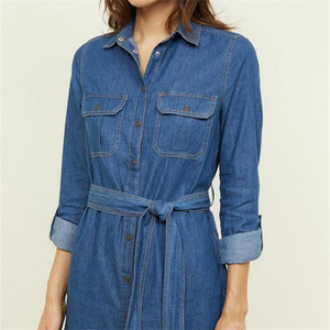 Col Décolleté Bleu Cravate Taille Léger Denim Chemise <span class=keywords><strong>Robe</strong></span> - Product Image 5