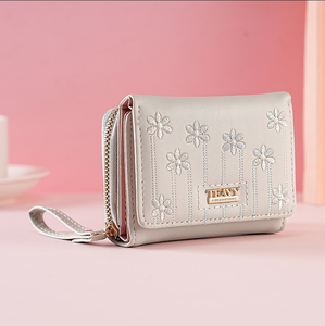 2026 Women's Waterproof PU Leather Short <b>Wallet</b> Snap Closure Zipper Floral Embroidery Fashion <b>Card</b> Organizer Polyester - Product Image 5