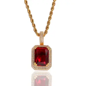 Hip hop Pendant Gold Iced Out Rhinestone Mini Square Red Blue Gem Crystal Cuban Necklace Drop