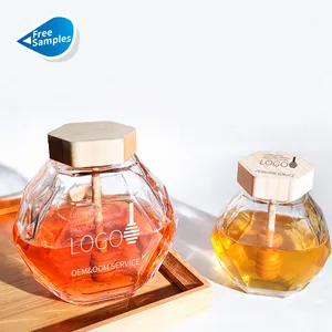 Unique Shape 250g 500g 1000g Empty Honey Bottles Clear Honey Comb Glass Honey Jars With Wooden Lid Spoon And Dipper