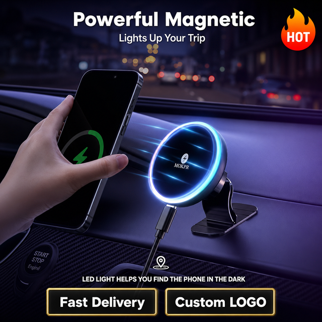 Wireless Car Charger OEM Custom Logo, 15W Magnetic LED Light Design, Private Label Custom Packaging for Your Brand