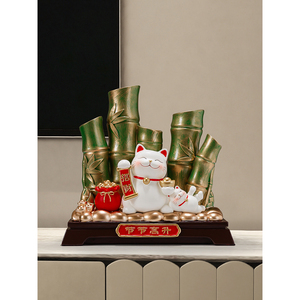 Figurine de chat porte-bonheur en bambou, ornement de prospérité ascendante, cadeau porte-bonheur pour l'ouverture d'une entreprise, décoration de bureau, ouverture de maison - Product Image 2