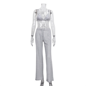 GX10270 Luxurious Casual Club Glitter <strong>Silver</strong> Slim Trousers Bra <strong>Crop</strong> <strong>Tops</strong> Summer Outfits Women Two Piece Pants Set - Product Image 2