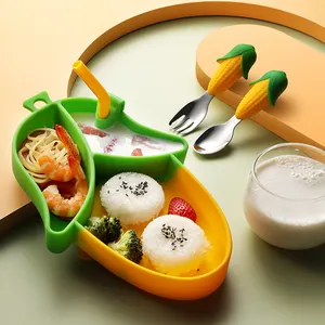 食品级玉米形状餐具婴儿喂养套装硅胶餐具勺子叉子围嘴幼儿用分体吸盘婴儿