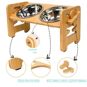 Support de nourrissage pour animaux de compagnie en bambou, support surélevé pour gamelles de chien et de chat avec des gamelles carrées en acier inoxydable, design simple, couleur unie - Product Image 4